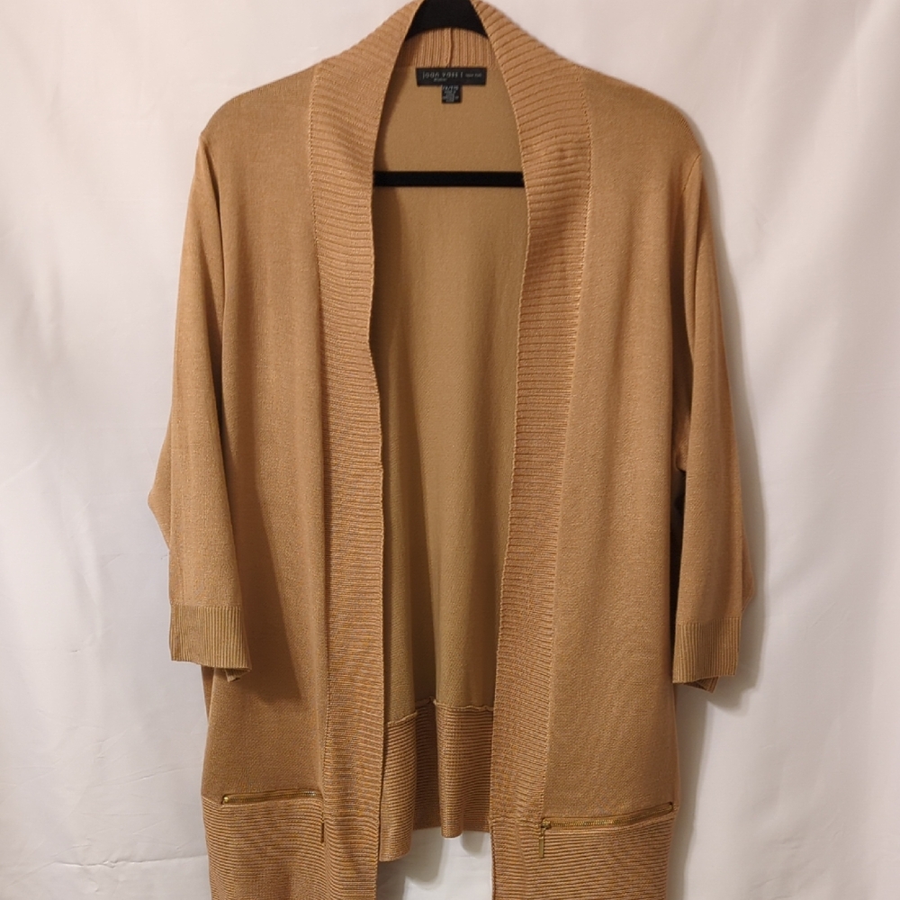 Joan Vass Camel Open-Front Lightweight Cardigan with Zip Pockets